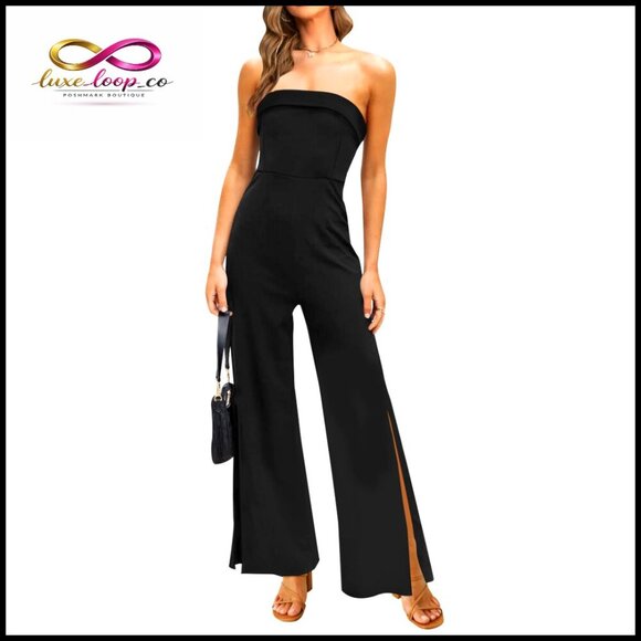 Pants - Strapless Jumpsuit Off Shoulder High Waist Wide Leg Side Slit Pockets